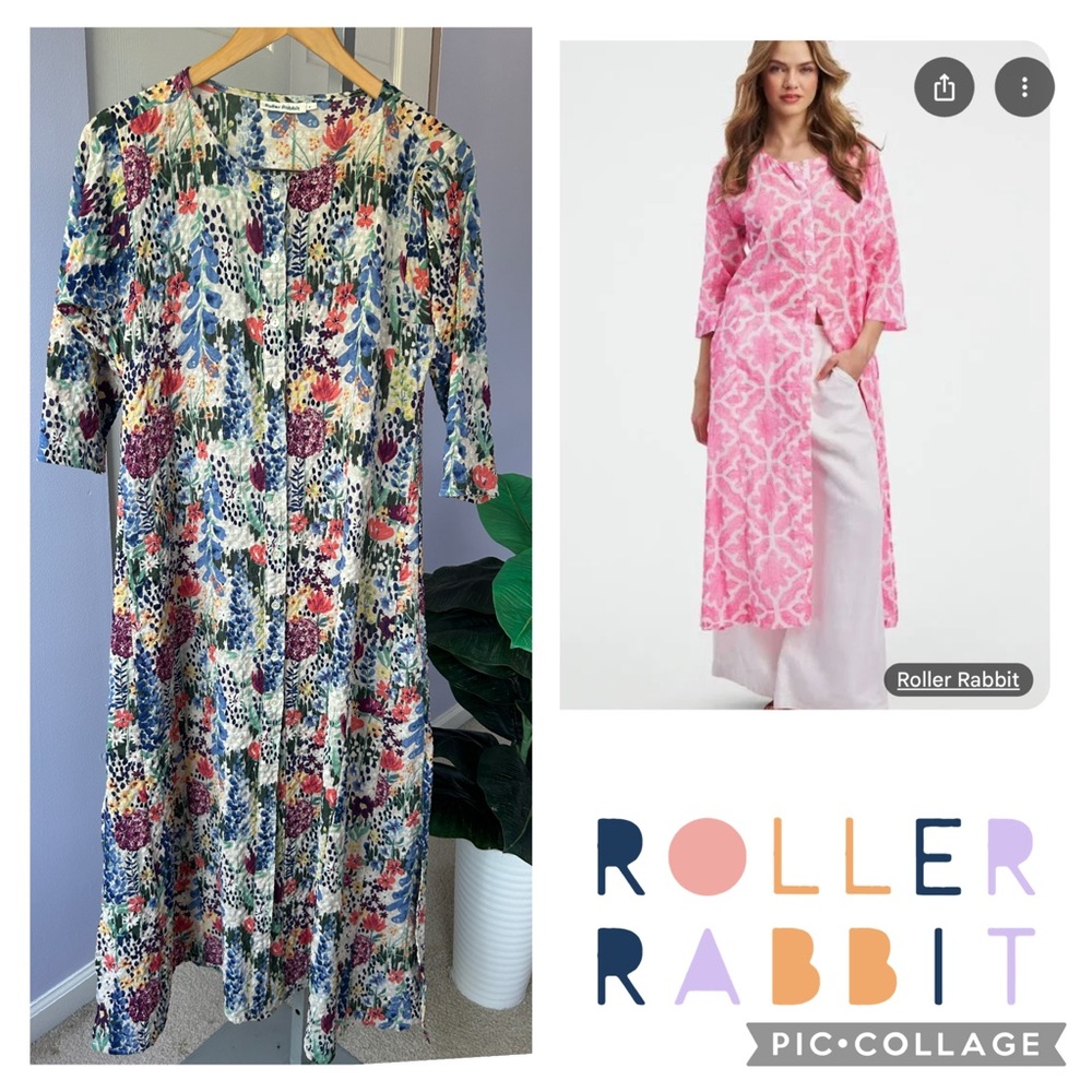 Roller Rabbit Floral Anu Long Kurta Midi Dress Duster Cover Up Size Small